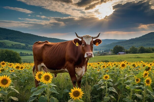 Una escena tranquila en el campo con una vaca y un granero