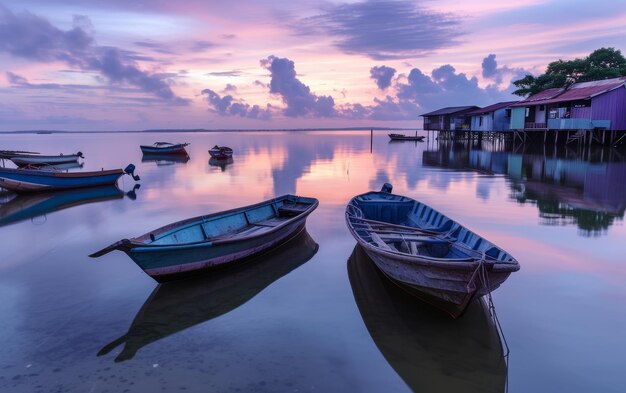 Una escena tranquila del crepúsculo con barcos de pesca tradicionales en aguas tranquilas que reflejan un cielo vibrante al atardecer en un pueblo costero