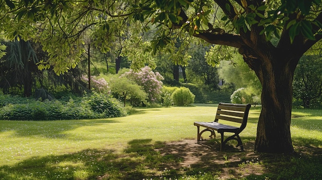 Escena tranquila de un jardín con un banco bajo un árbol en flor