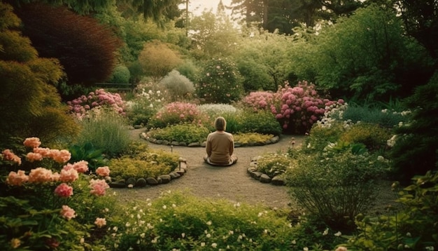 Foto escena tranquila de un jardín formal con flores de hortensias multicolores generadas por ia