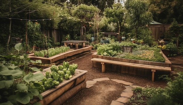 Foto una escena tranquila de un jardín formal con vegetación y agua generada por ia