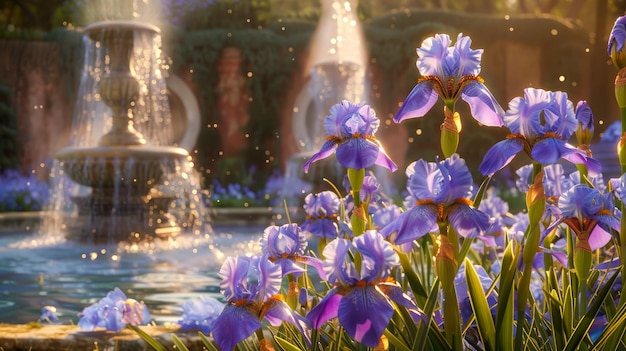 Una escena tranquila en el jardín con una fuente iluminada por el sol y iris púrpuras en flor en un entorno al aire libre sereno