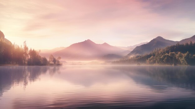 Escena tranquila junto al lago al amanecer con suaves colores y montañas