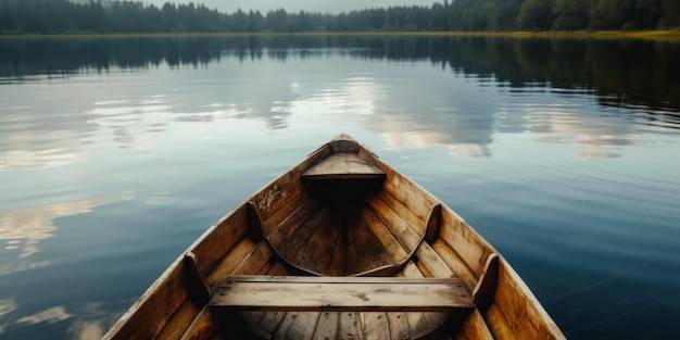 Escena tranquila del lago Aguas serenas con un barco de remos de madera rústico navegando con gracia.