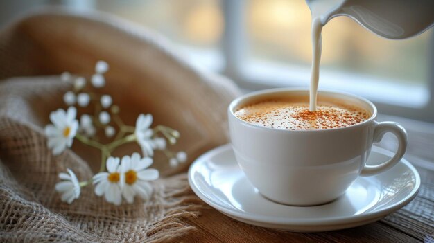 Una escena tranquila de leche que se vierte en una taza de café que se mezcla con elegancia