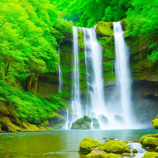 Una escena tranquila de la majestuosa cascada en el bosque generada por IA