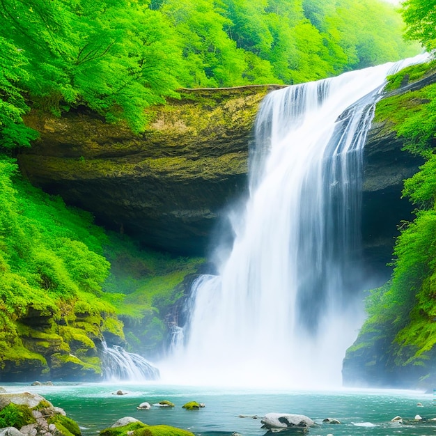 Una escena tranquila de la majestuosa cascada en el bosque generada por IA