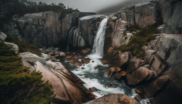 Escena tranquila de la majestuosa cordillera con agua corriente y vegetación generada por inteligencia artificial