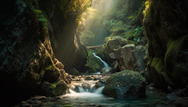 Escena tranquila de majestuosa montaña que fluye agua y belleza natural generada por IA