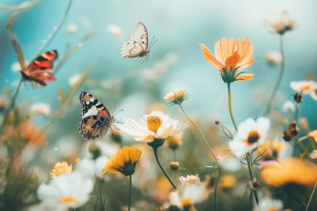 Una escena tranquila de mariposas volando entre flores silvestres vibrantes bajo un cielo azul suave