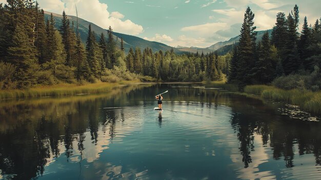 Escena tranquila de una mujer solitaria haciendo paddleboard en un lago rodeado de majestuosas montañas y bosques exuberantes que desprenden un sentido de aventura y paz.