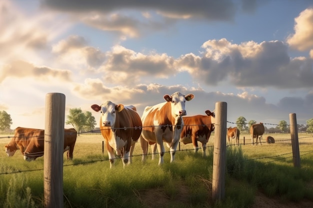 Una escena tranquila y pacífica de vacas pastando en un pasto verde natural rodeado de aire fresco y paisajes pintorescos. Un símbolo de ganadería sostenible y saludable. IA generativa.