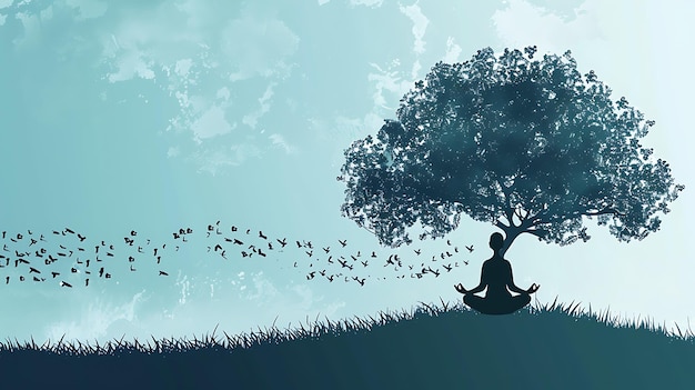 Escena tranquila de una persona meditando pacíficamente bajo un árbol exuberante con un hermoso cielo azul y nubes blancas en el fondo