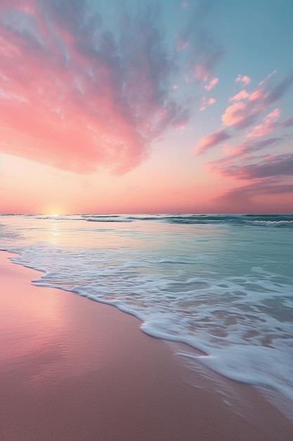 Una escena tranquila en la playa al crepúsculo con suaves colores pastel pintando el cielo y el suave sonido de