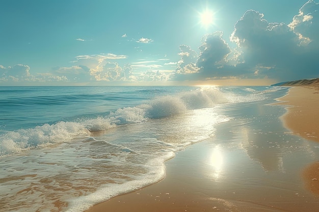 Una escena tranquila en la playa con arena suave y olas tranquilas