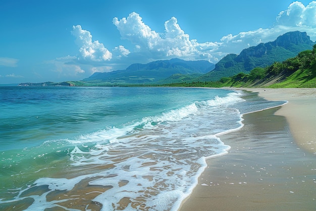 Una escena tranquila en la playa con arena suave y olas tranquilas