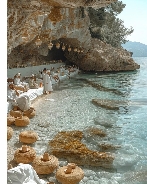 Una escena tranquila en la playa con familias disfrutando del fondo