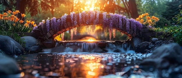 Foto escena tranquila de primavera, puente de arroyo que fluye y flores de glicerina concepto escena tranquiliza de primavera, puente de arroio que fluye, flores de gliserina