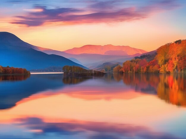 Una escena tranquila de puesta de sol sobre el agua que refleja la vibrante cordillera de otoño