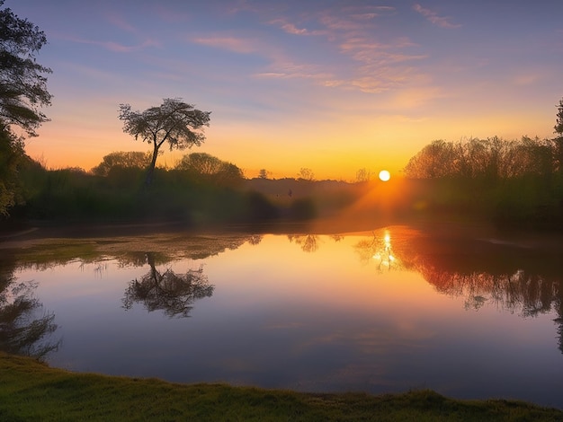 Una escena tranquila de una puesta de sol sobre un estanque pacífico que refleja