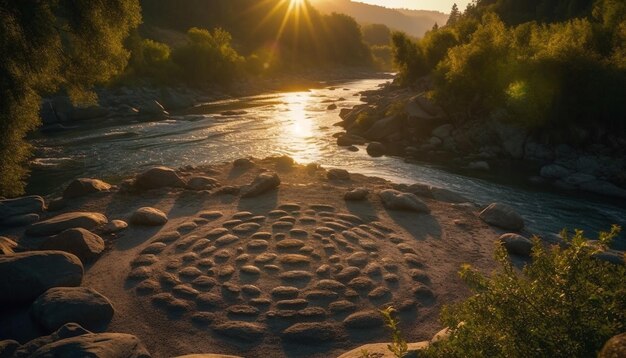 Escena tranquila de la puesta de sol sobre las montañas del bosque generada por IA