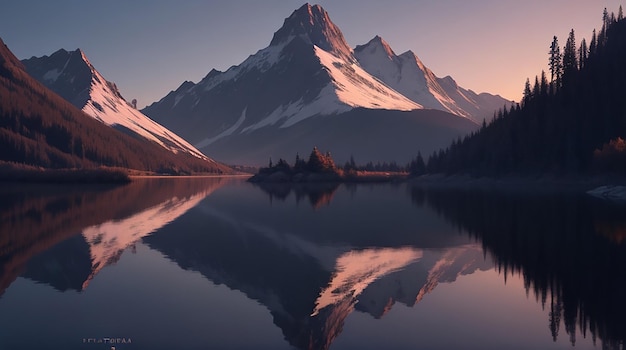 Escena tranquila del reflejo de la montaña al atardecer IA generativa