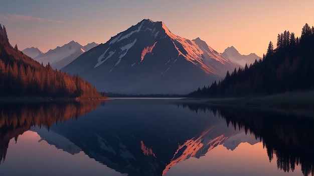 Foto escena tranquila del reflejo de la montaña al atardecer ia generativa