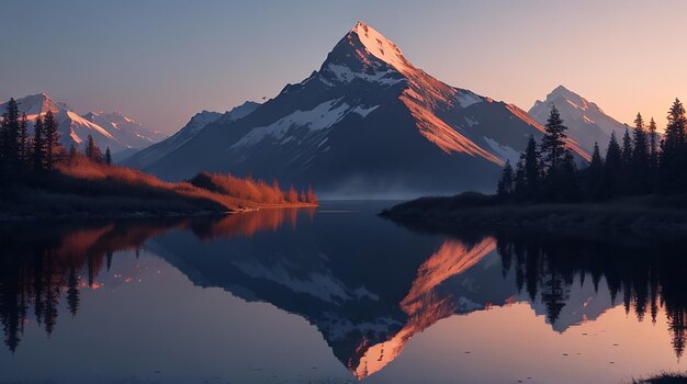 Escena tranquila del reflejo de la montaña al atardecer IA generativa