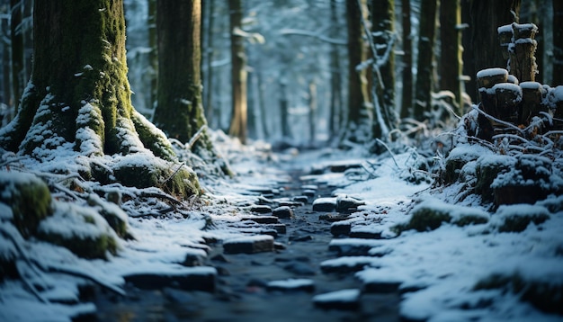 Foto escena tranquila sendero cubierto de nieve serpentea a través de bosque congelado generado por inteligencia artificial