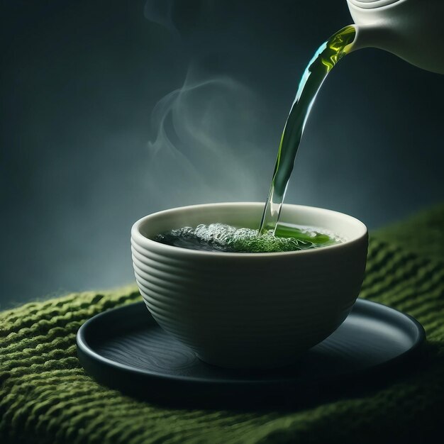 La escena tranquila de verter té verde en una taza de cerámica