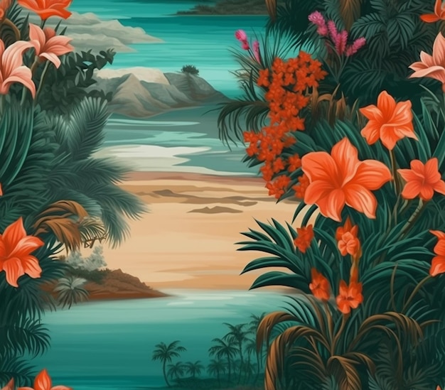 escena tropical con flores y palmeras en la playa generativo ai