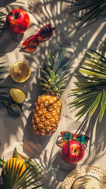 Foto una escena tropical con una piña manzanas y naranjas en una playa frutas y gafas de sol que sugieren un día en la playa