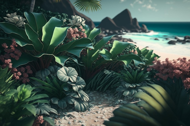 Una escena tropical con plantas y flores.