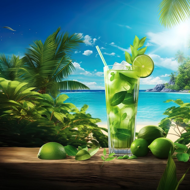 Foto una escena tropical con un vaso de limonada y cocos
