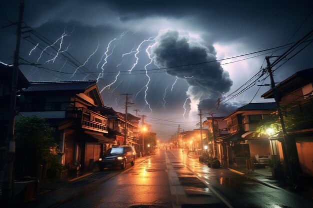 Escena de un tsunami con tormentas eléctricas