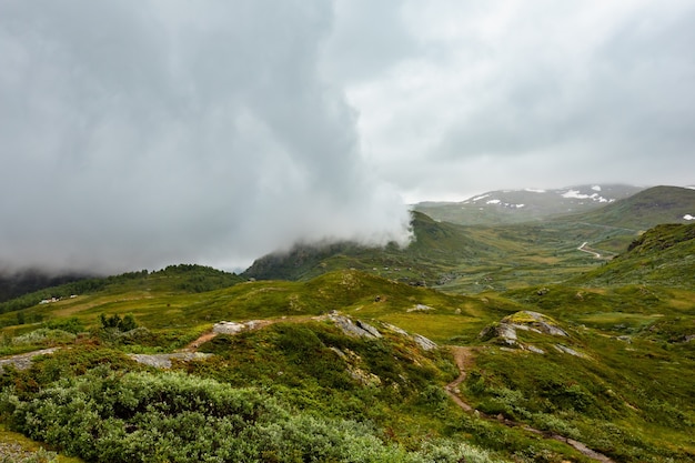 Escena de tundra nublado de montaña de verano del norte de Noruega