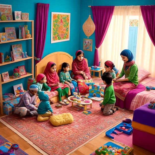 Una escena única y creativa de una familia musulmana disfrutando de sus vacaciones AI_Generated