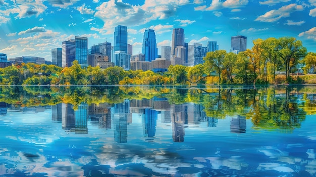 Escena urbana de las ciudades gemelas El horizonte de Minneapolis y el río Mississippi Reflexión en el paisaje de agua azul