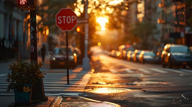 Escena urbana de puesta de sol con una señal de parada y farolas brillantes que arrojan luz cálida en una calle vacía de la ciudad