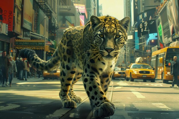 Foto escena urbana surrealista con un jaguar caminando por la bulliciosa calle de la ciudad en medio del tráfico y la gente