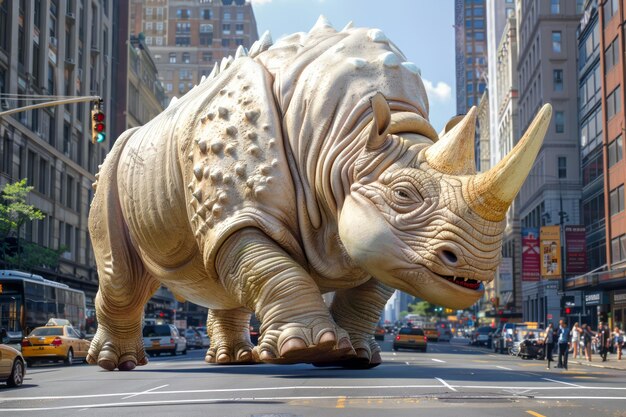 Foto escena urbana surrealista con un rinoceronte gigante caminando entre los coches en la calle de la ciudad