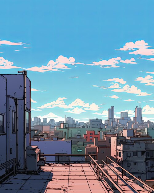 Una escena urbana en el techo con rascacielos en la distancia estilo anime cómic retroAnime de alta definición