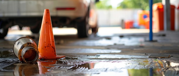 La escena urbana tranquila un galón de aceite gris un cono naranja vacío y un coche blanco estacionado en el Cem