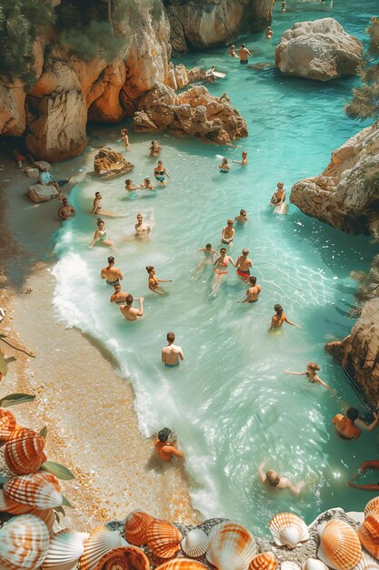 Escena de vacaciones de verano en la playa con personas tomando el sol y jugando Festival de fondo Layout Decoración artística