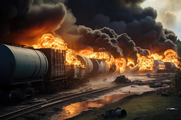 Foto escena de vagones de tren de mercancías que transportaban sustancias peligrosas descarrilados con tanques ardiendo y re