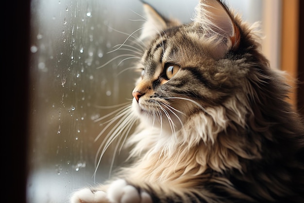 escena de la ventana con el gato lloviendo