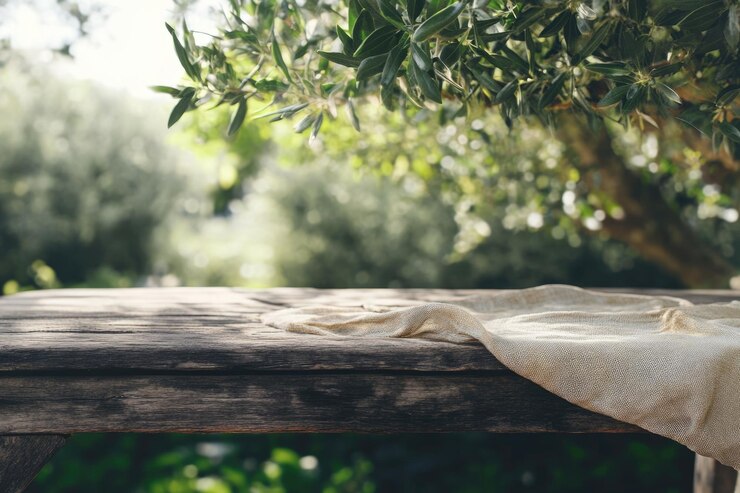 Escena de verano al aire libre con mesa de madera rústica y olivo