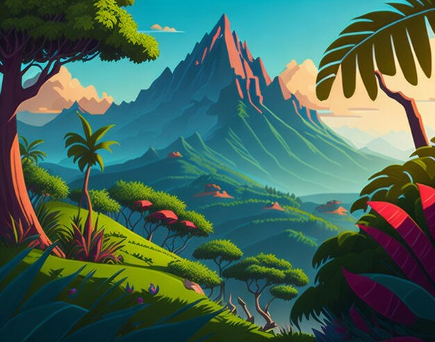 Una escena de verano de dibujos animados con paisaje de montaña, bosque y prados. Ilustración de AI generada