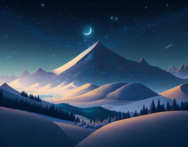 Una escena de verano de dibujos animados con paisaje de montaña, bosque y prados. Ilustración de AI generada