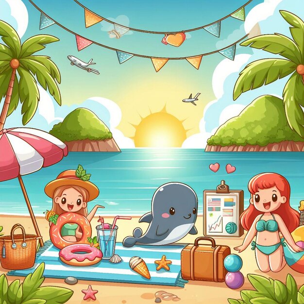 Escena de verano de estilo de vida con diseño de dibujos animados